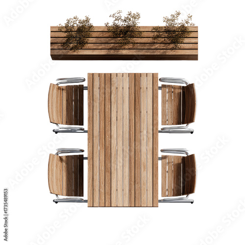 Top-down view of outdoor wooden dining set with planter box
