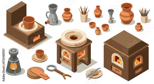 Isometric pottery workshop with kilns and tools set on white background