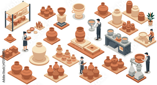 Pottery workshop creative isometric designs and potters crafting ceramics
