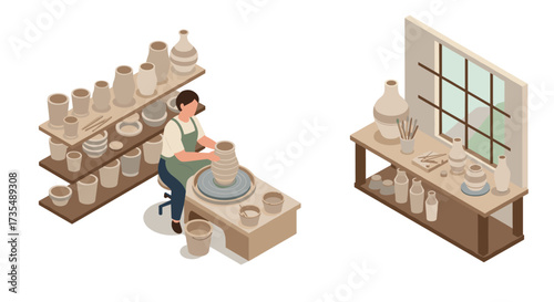 Artisanal pottery crafting in cozy studio with natural light and handmade ceramics