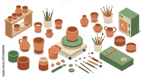 Isometric pottery workshop with clay pots and tools on white background