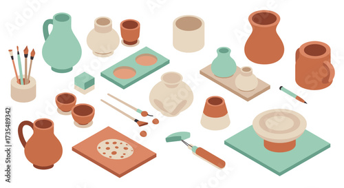 Isometric ceramic pottery workshop tools and materials in pastel tones