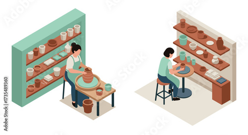 Isometric pottery workshop scene with shelves and pottery making process