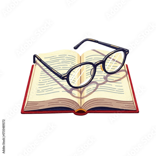 Eyeglasses resting on open book casting heart shaped shadow symbolizing love for reading and knowledge in bright light, creating a warm and inviting atmosphere.