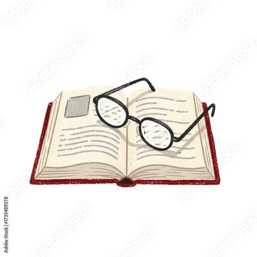 Open book with eyeglasses resting on its pages in a cozy study, suggesting a moment of quiet contemplation and intellectual curiosity.