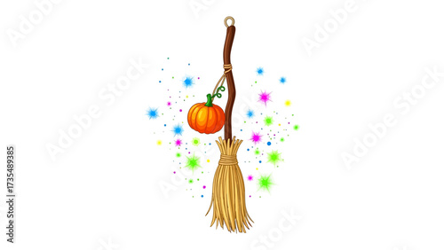 Enchanted Broom: An illustrated broom adorned with a pumpkin, evoking the spirit of Halloween and magic, perfect for whimsical storytelling and seasonal designs.
