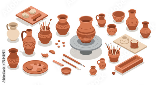 Isometric pottery workshop with clay vases, tools, and paints