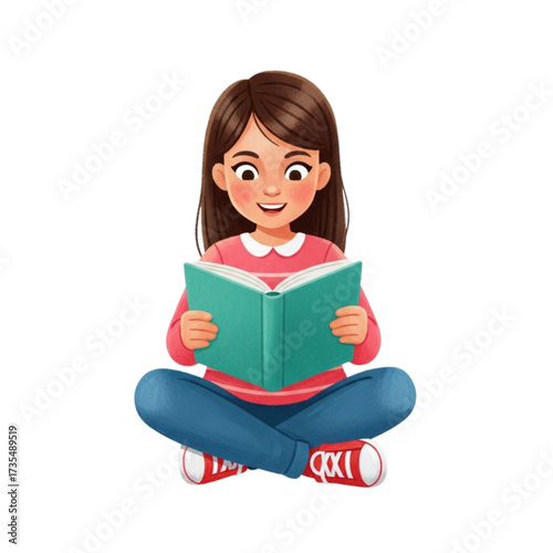 Smiling young girl reading a book while sitting crosslegged on the floor, enjoying a quiet afternoon of learning and imagination.