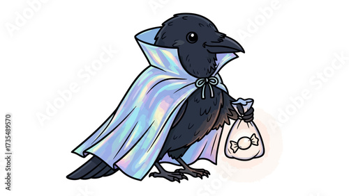 Raven with Candy: A cartoon illustration depicts a raven in a iridescent cape and a sack of candy, with whimsical vibes and charm