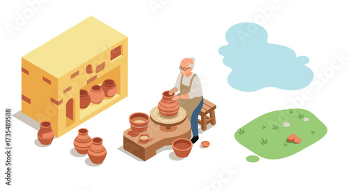 Isometric potter creating clay pottery in workshop with kiln and tools
