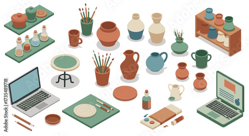 Isometric pottery studio with laptops and craft supplies