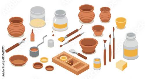 Isometric pottery and craft tools collection on white background
