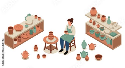Ceramic workshop scene with artisan surrounded by sculpted pottery and clay pots