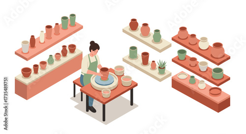 Isometric pottery workshop with artisan crafting clay pots surrounded by finished ceramics