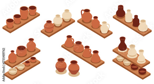 Isometric clay pottery display on shelves with diverse shapes and earthy tones