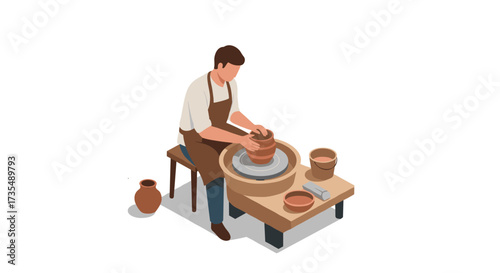 Skilled potter shaping clay on wheel in isometric art style