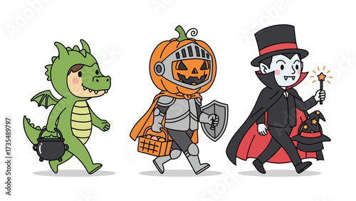 Spooky Squad Halloween Procession: A delightful illustration featuring three costumed figures – a whimsical dragon, a noble pumpkin knight.