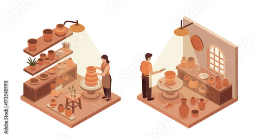 Isometric pottery studio crafting clay art with wheel and tools in cozy workshop spaces