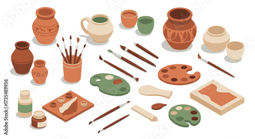 Artistic isometric still life with pottery, paintbrushes, and palettes in earthy tones