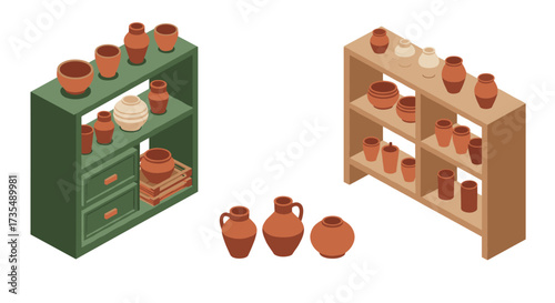 Isometric pottery display on shelves with earthy tones and ceramic vases