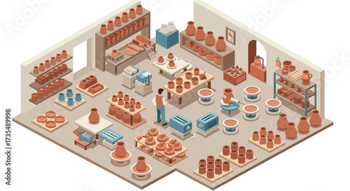 Isometric pottery studio with artisan working in a clay workshop filled with ceramic artifacts