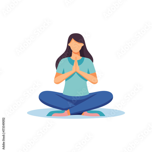 Woman sitting in lotus position with hands in prayer pose, meditating for relaxation and wellness.