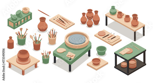 Ceramic workshop essentials pottery tools and clay craft in isometric design