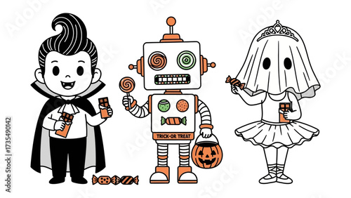 Whimsical Halloween Trio: A charming Halloween illustration presents a trio of playful characters, each adorned in unique costumes, spreading joy and festive cheer with sweet treats in hand.