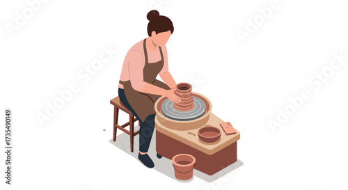Woman crafting pottery on wheel in isometric style for creative projects