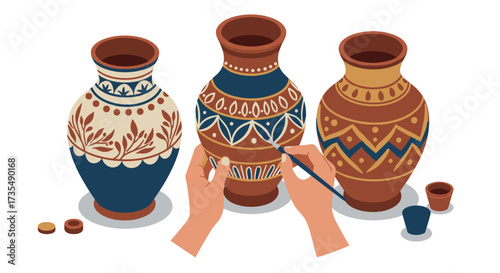 Traditional pottery crafting handpainted clay vases with ornate patterns
