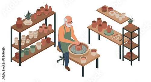 Isometric pottery workshop interior with potter at work and ceramic shelves