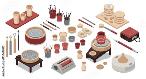 Isometric pottery workshop elements with tools and supplies for creative projects