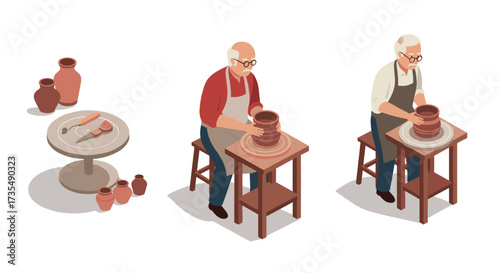 Elderly potters crafting clay in isometric style workshop scene