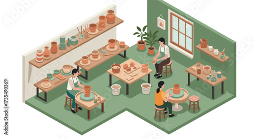Creative pottery workshop in cozy isometric art studio setting