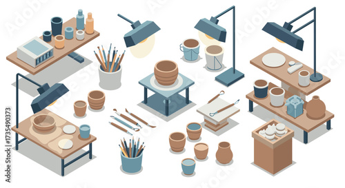 Creative pottery workshop scene with tools and ceramic elements in isometric style