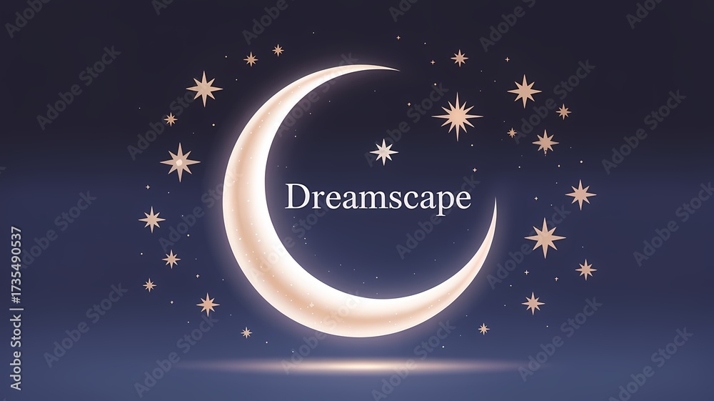 Fototapeta premium A crescent moon and stars scattered across a dark blue background with the word dreamscape in the center