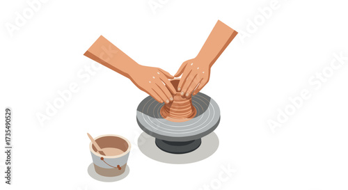 Isometric hands creating ceramic pot on pottery wheel with clay and tools