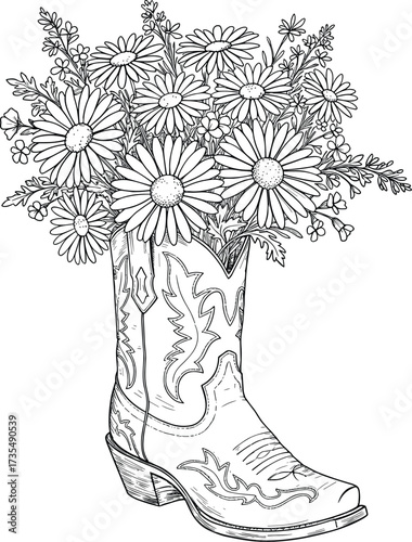 Cowboy boot with daisy flowers vector line art, western floral illustration for coloring page, rustic decor, tattoo design, farmhouse country style artwork