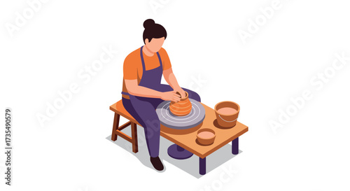 Pottery craft isometric art woman sculpting clay with wheel