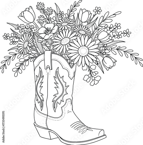 Cowboy boot with daisy bouquet line drawing, wildflower illustration, rustic western shoe art, country floral coloring page, black and white vector