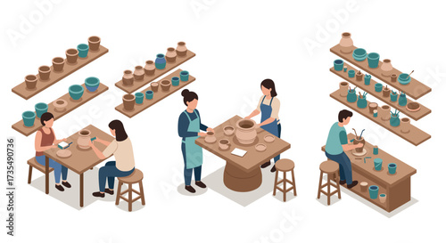Isometric pottery studio artists crafting clay creations in workshop setting