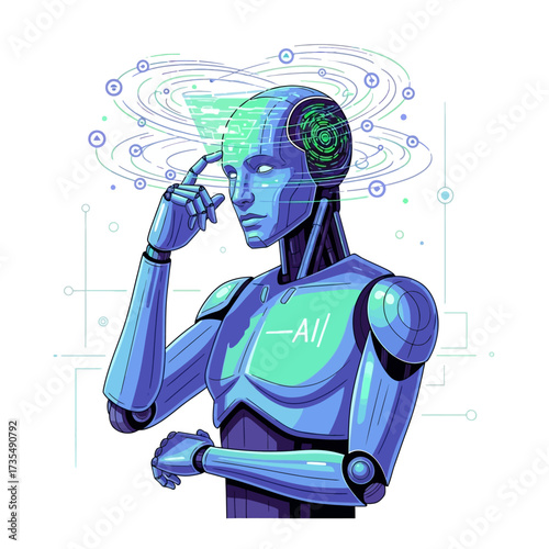 A futuristic blue robot with its finger on its temple, contemplating complex data streams and artificial intelligence.