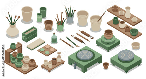 Isometric pottery workshop with tools and clay items