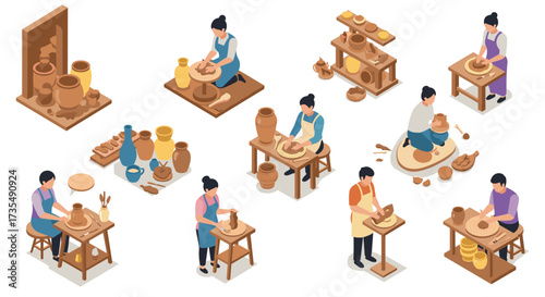 Pottery crafting process isometric artisans at work with clay and ceramics