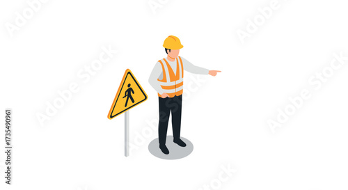 Construction worker directing traffic with safety sign in isometric design