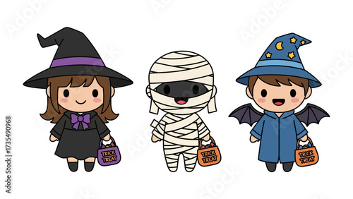 Halloween Costume Trio: A charming trio of figures, dressed as a witch, a mummy, and a bat, is holding a trick-or-treat bag, each ready for a night of spooky fun.