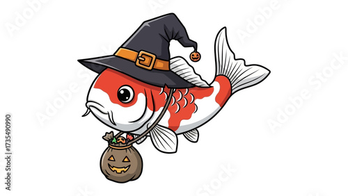 Halloween Koi: A whimsical koi fish, dressed for Halloween in a pointy hat and carrying a carved pumpkin bag filled with treats, swims with festive glee.