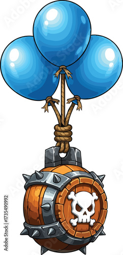 A whimsical illustration of a wooden barrel adorned with a skull and crossbones, suspended by a bunch of vibrant blue balloons, a playful and imaginative design