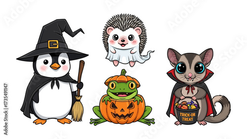 Halloween Animal Characters: A charming collection of Halloween-themed animal illustrations, featuring a penguin witch, a hedgehog ghost, a pumpkin frog, and a sugar glider vampire.