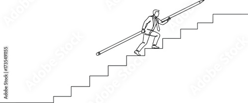 Businessman climbing stairs holding pencil, career growth concept, creative success illustration, business progress symbol, achievement motivation, step by step upward challenge